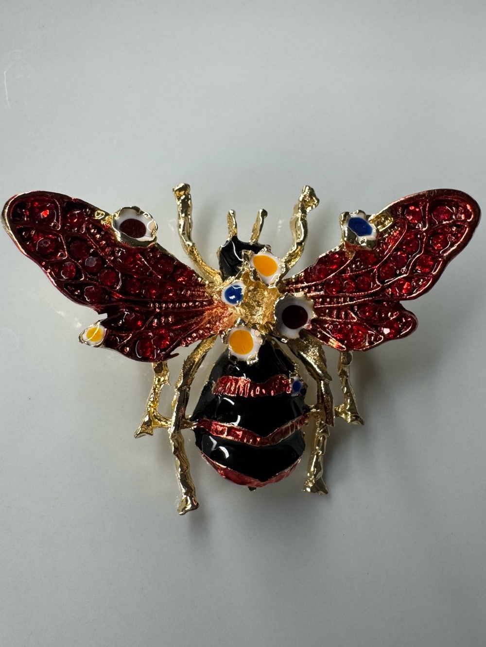 Red Enamel Gold Tone Bee Statement Brooch